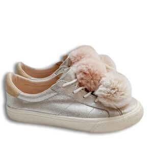 Zara Metallic Silver Sneakers with Pink and Cream Pom-Poms